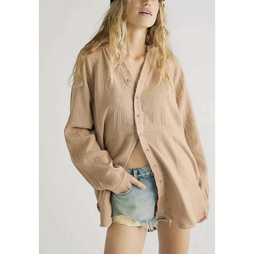 AERIE OVERSIZED GAUZE cotton oversized boho Y2K BUTTON-UP TAN SHIRT XS A006957